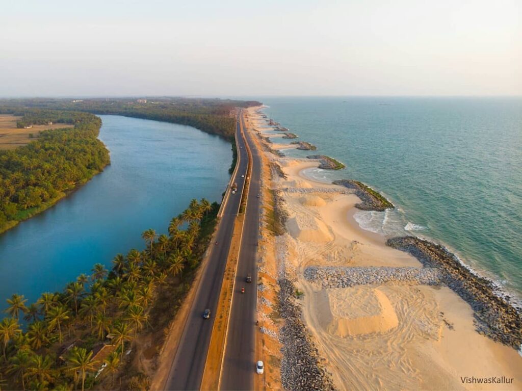 Maravanthe beach , souparnika river , and padukone town view from top