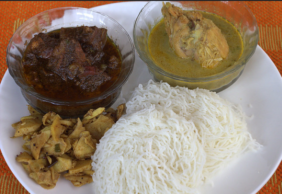 Nool Puttu with Pandhi Curry and Chicken Curry